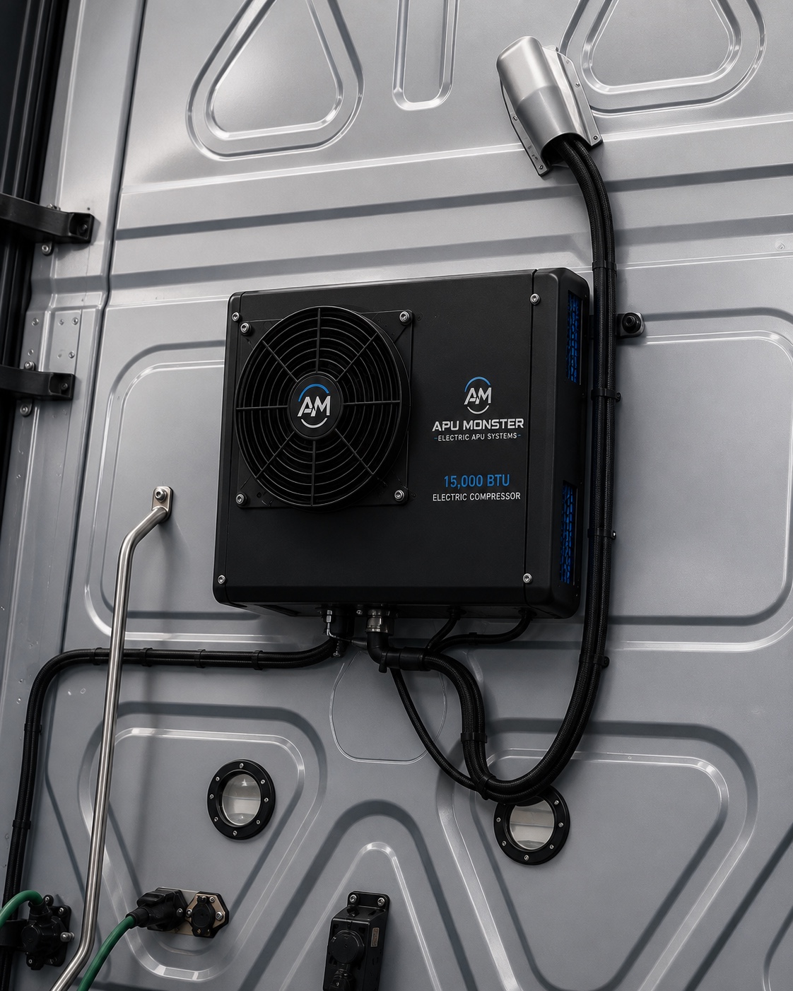 APU Monster 15,000 BTU exterior electric cooling unit installed on a sleeper truck