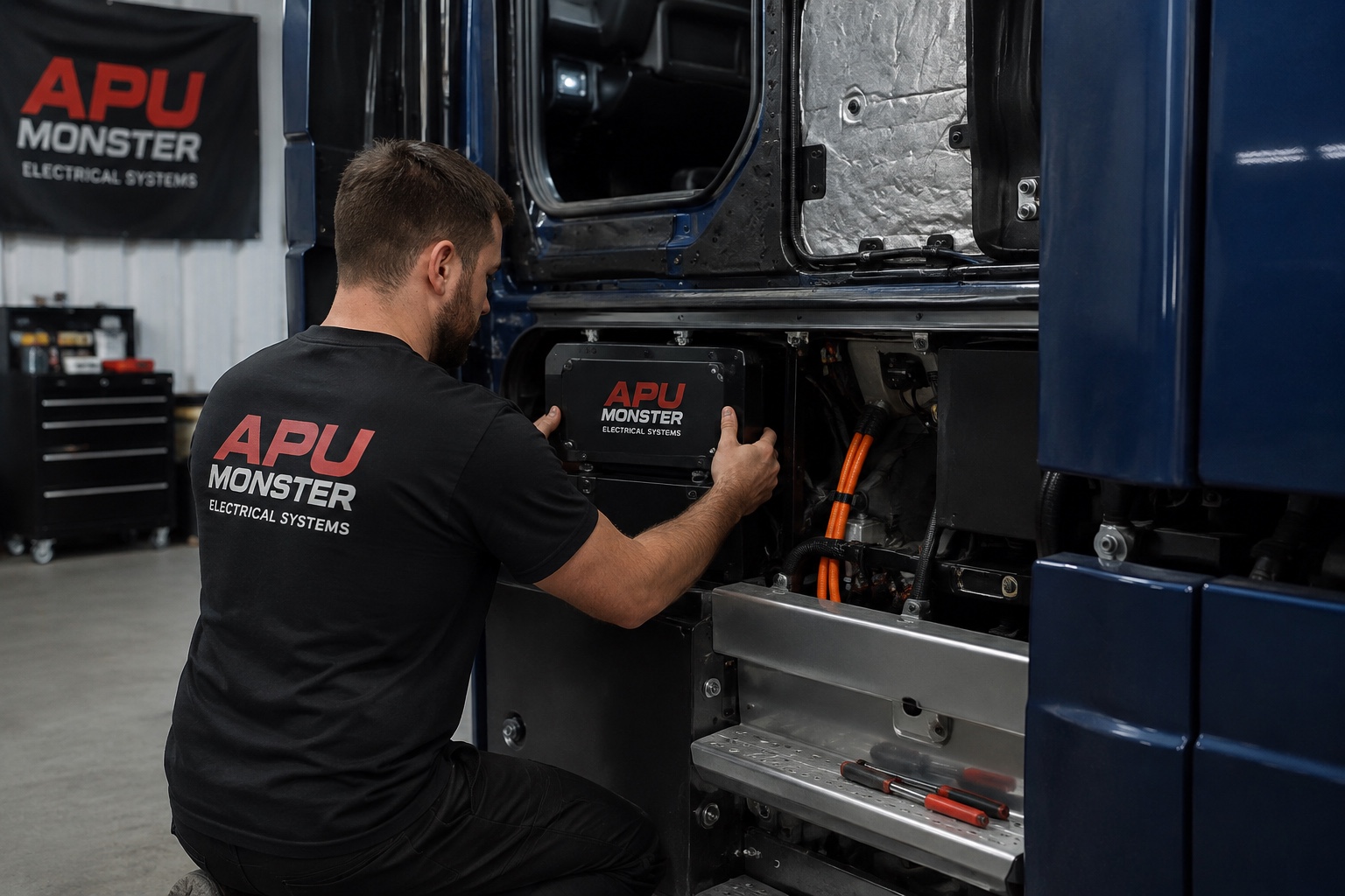 APU Monster technician fitting an electrical system component inside a truck side compartment