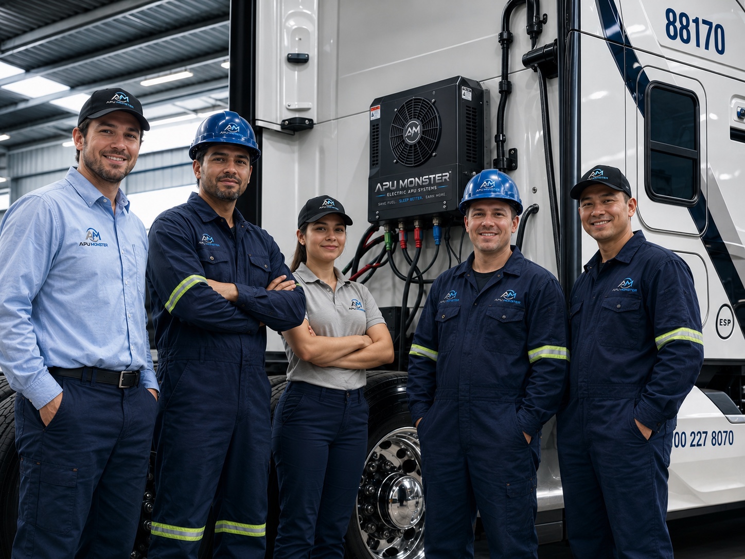 APU Monster installation and service team standing beside a completed truck installation