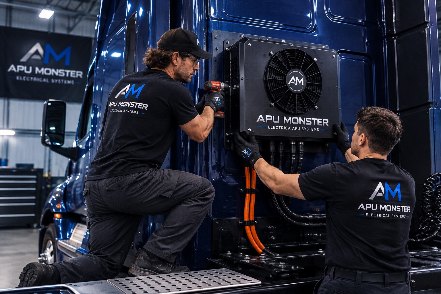 Two APU Monster technicians installing the electrical cooling system on a blue semi truck